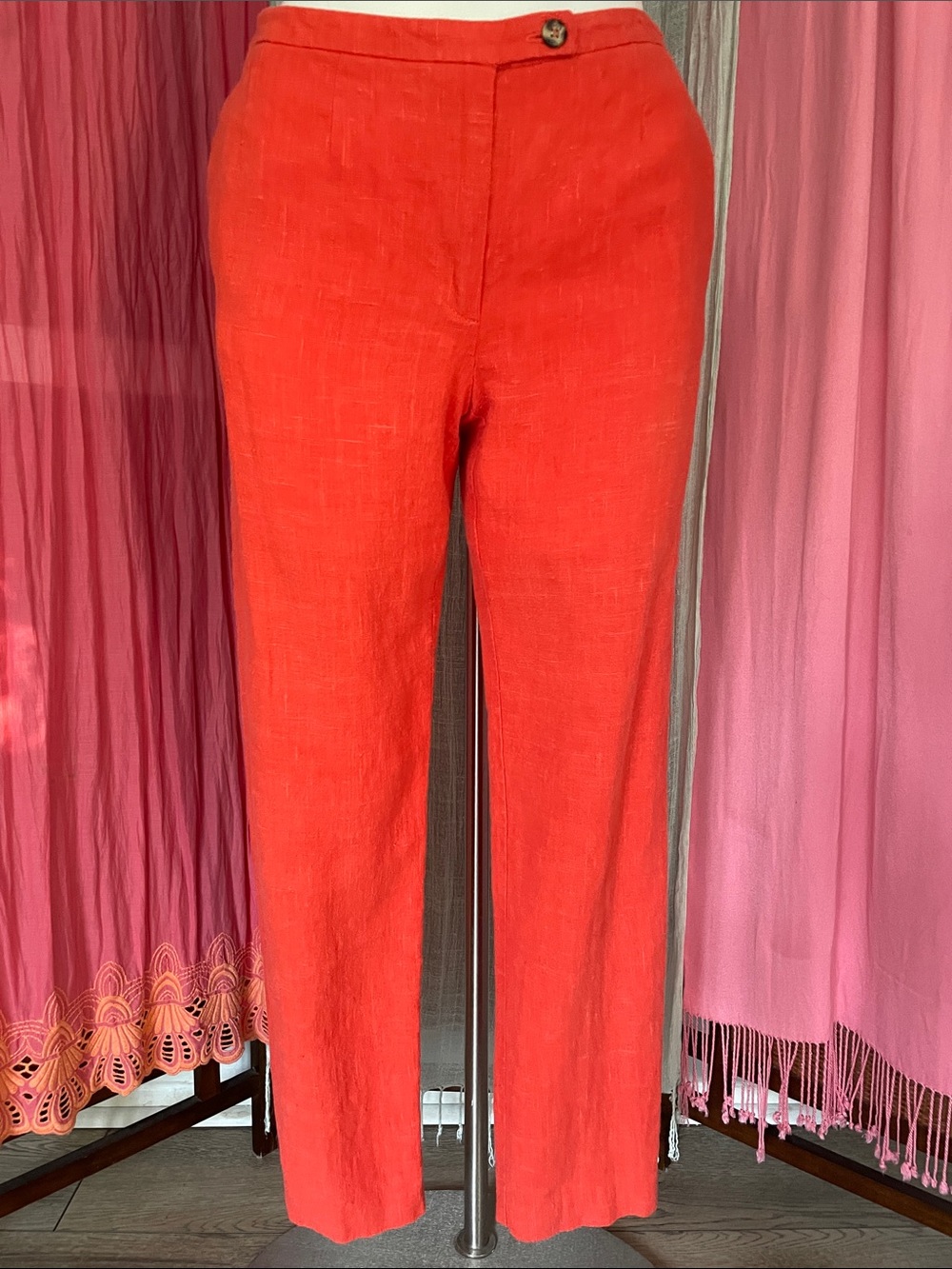 Orange Linen Straight-Leg Pants